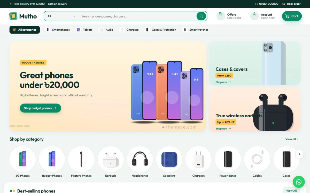 Mutho phone accessories website homepage on a desktop with budget phone slider and category circles