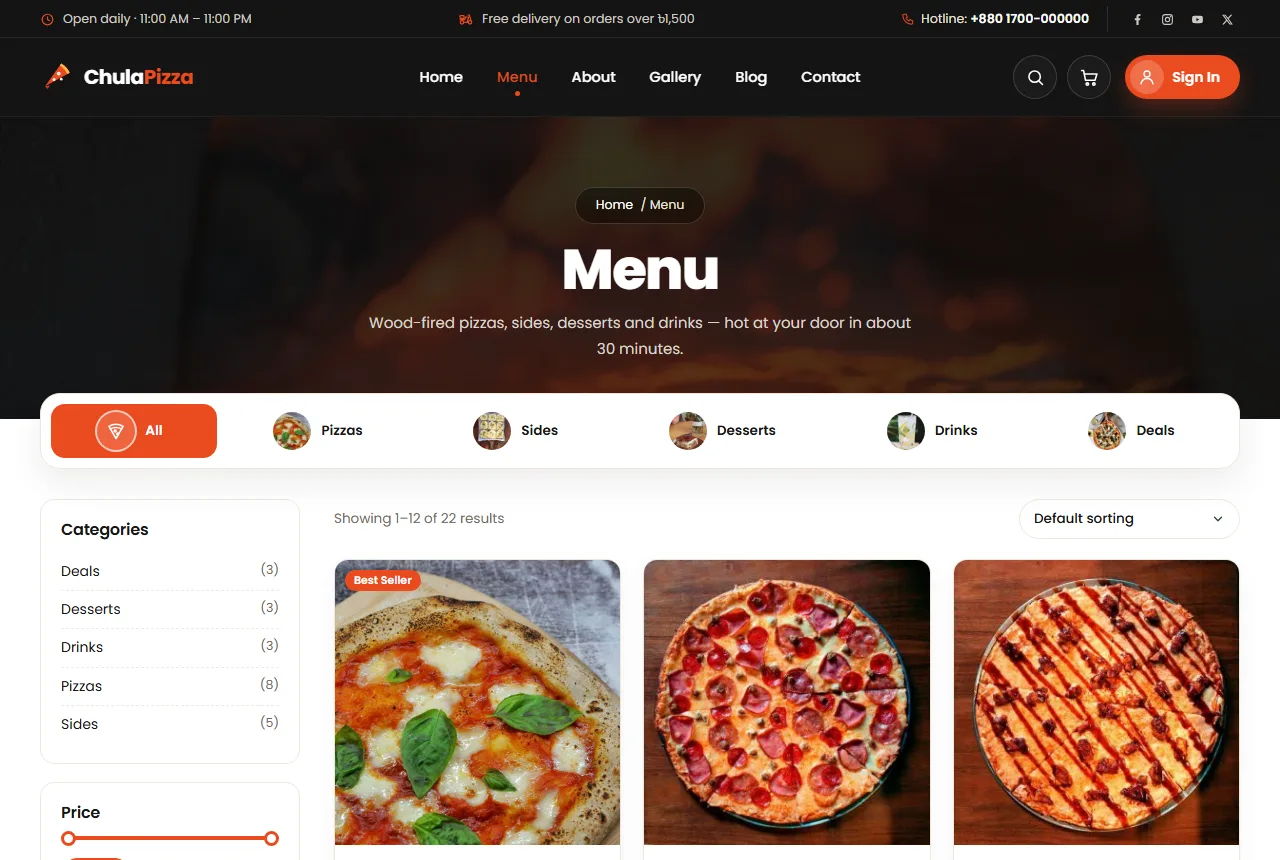 Pizza shop website design – Chula menu page with categories