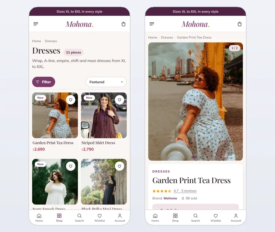 Plus size fashion website design ideas on mobile – Mohona category and product pages