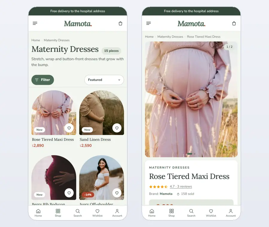 Pregnancy clothes ecommerce website design on mobile – Mamota category and product pages