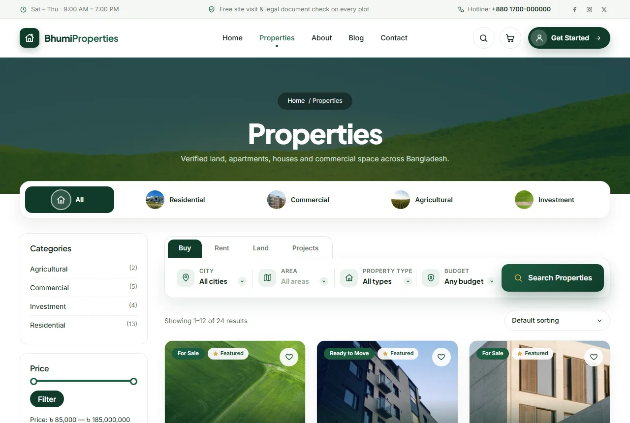 Property website design – Bhumi property listings page