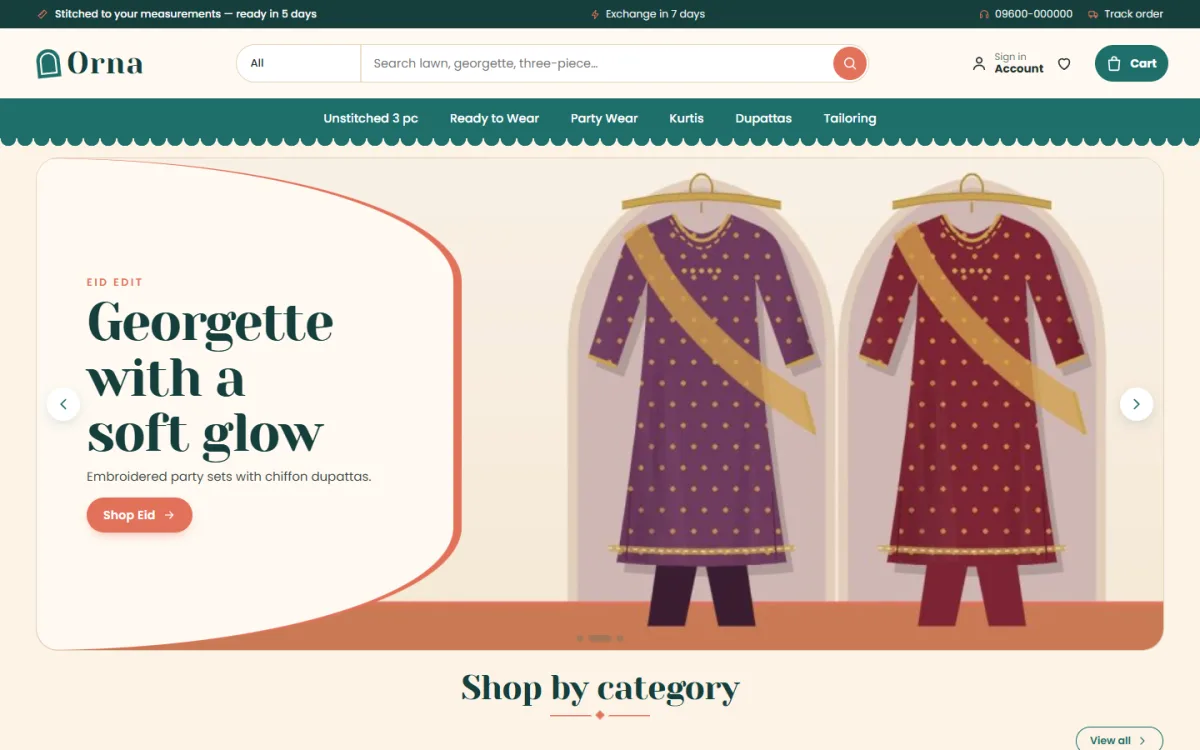Orna salwar kameez online shop homepage on a desktop with an Eid georgette slide