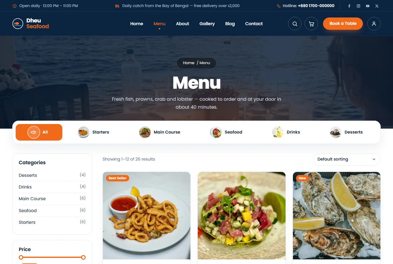 Seafood restaurant website design example: Dheu demo shop