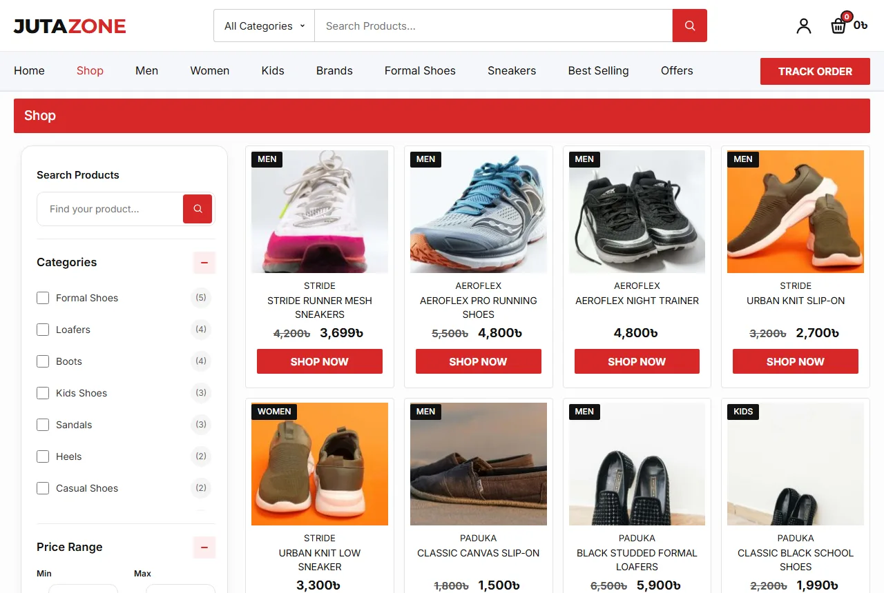 Shoe store website design example: Juta demo shop