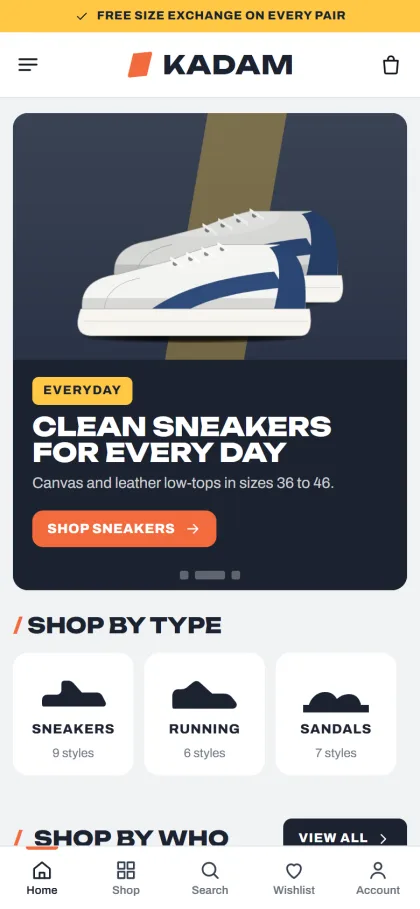 Kadam shoe store homepage on a mobile phone with Shop by type tiles