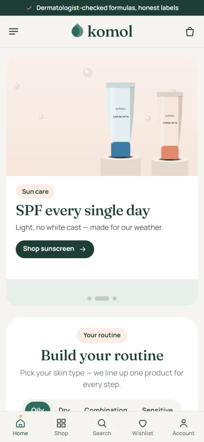 Komol skincare shop on a mobile phone showing the Build your routine block