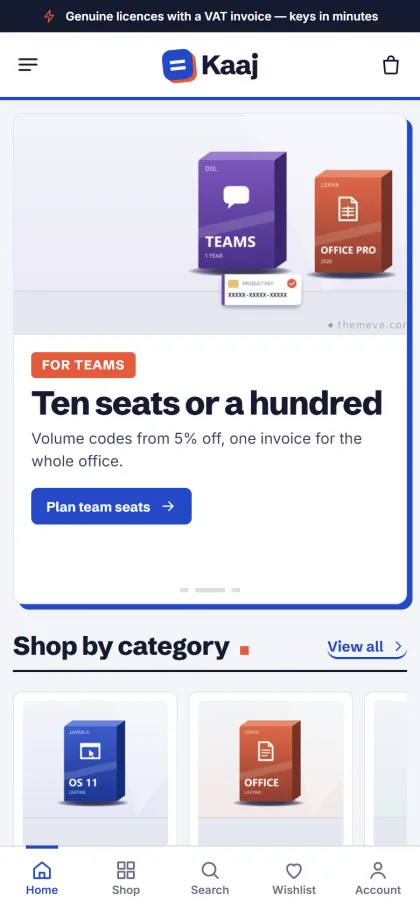 Kaaj office software shop on a mobile phone with the team seats slide and category tiles
