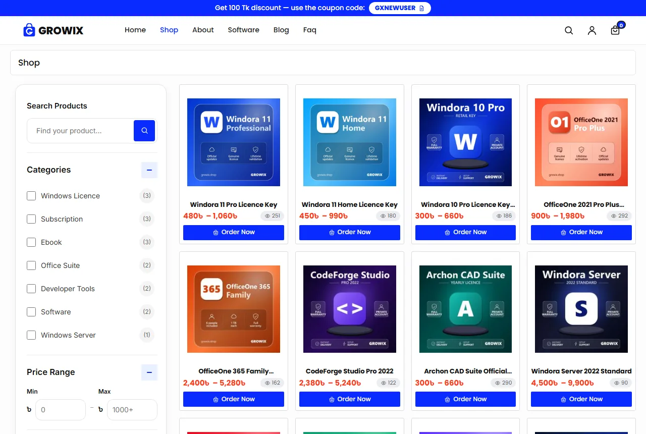 Software license website design template example: Growix demo shop