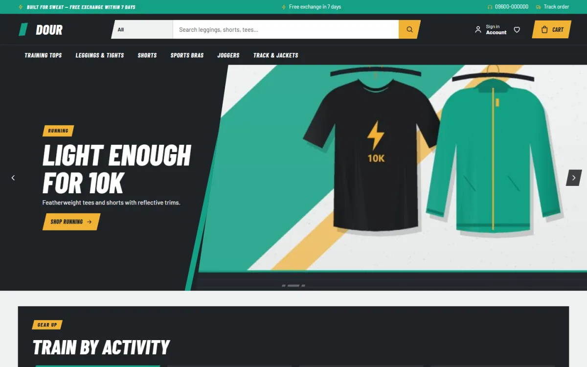 Dour sportswear website template homepage for a gym and running gear shop