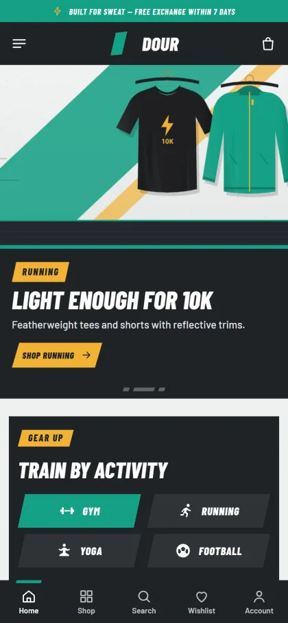 Dour sportswear store on a phone showing gym, running, yoga and football activity tabs
