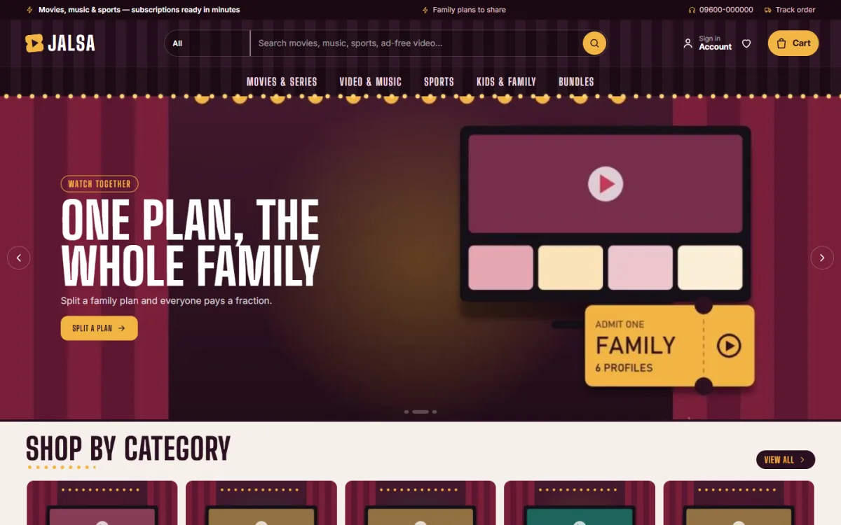 Jalsa streaming website template homepage with curtains, marquee bulbs and a family plan slide