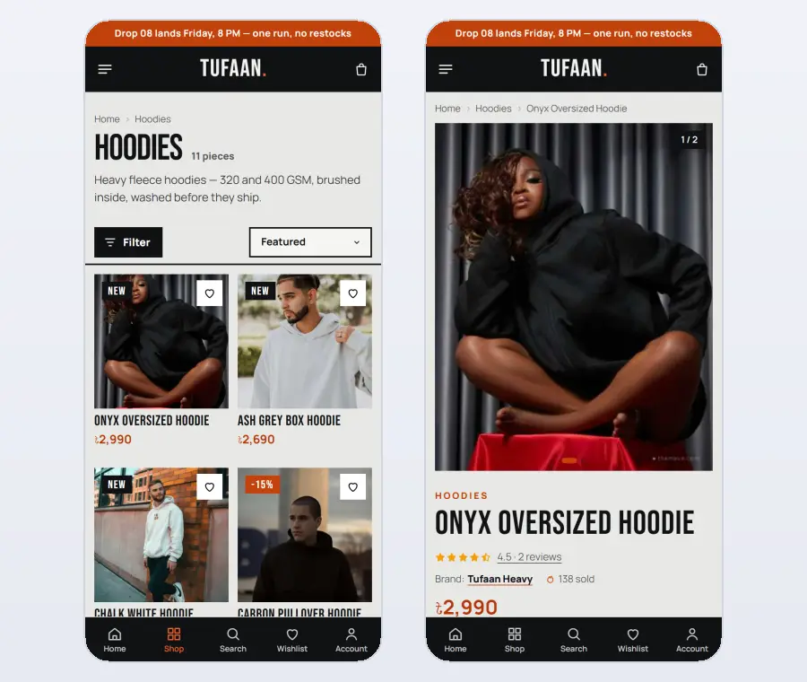 Streetwear website design on mobile – Tufaan category and product pages