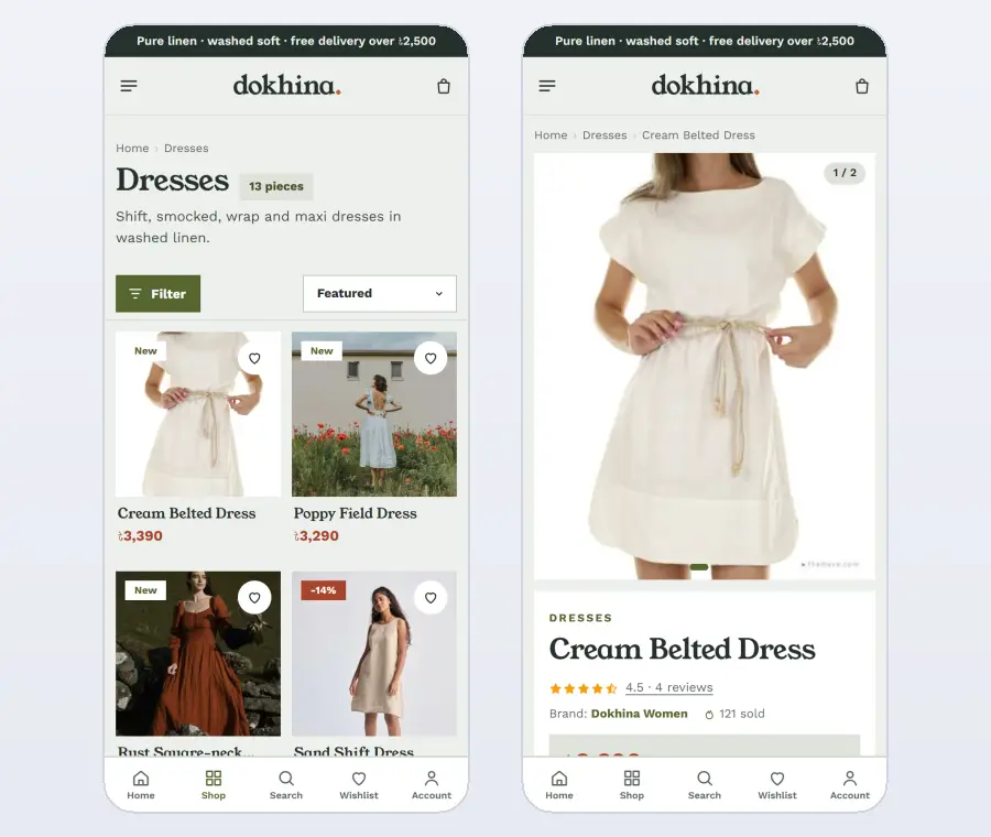 Summer clothing website design ideas on mobile – Dokhina category and product pages