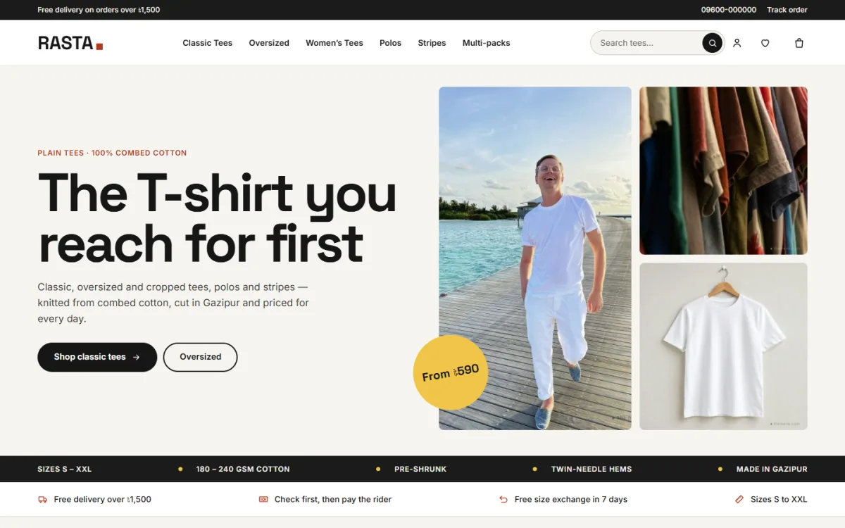 Rasta t shirt store WordPress theme homepage on a desktop with a big headline, three tee photos and a round price sticker