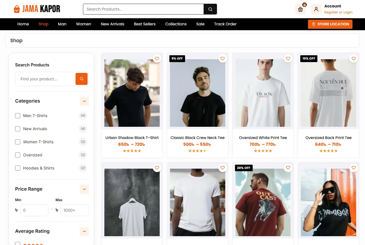 T shirt website design example: Jamakapor demo shop