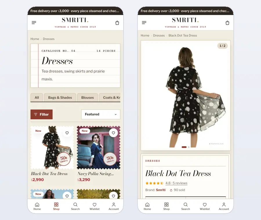 Vintage clothing website design on mobile – Smriti category and product pages