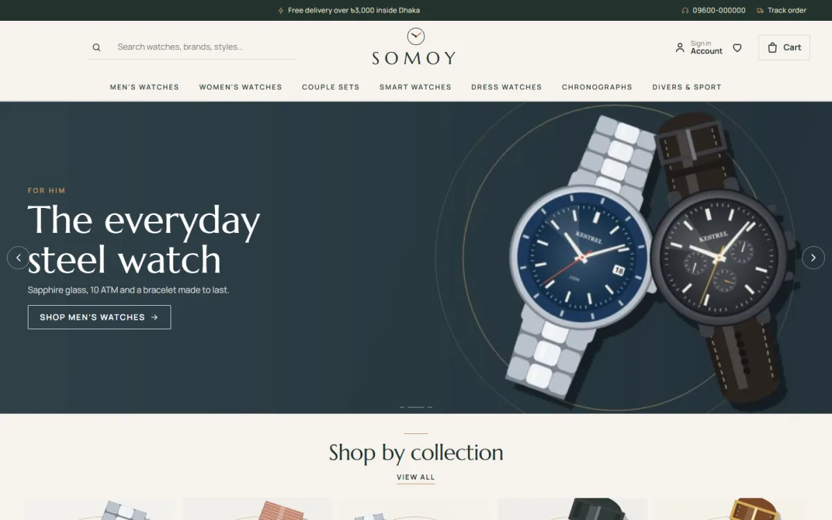 Watch website template Somoy homepage on a desktop with a steel watch hero slide and centred logo