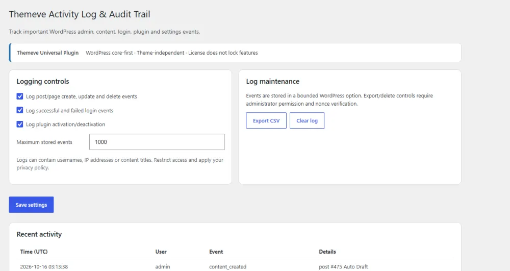 What is an activity log – Activity Log settings screen