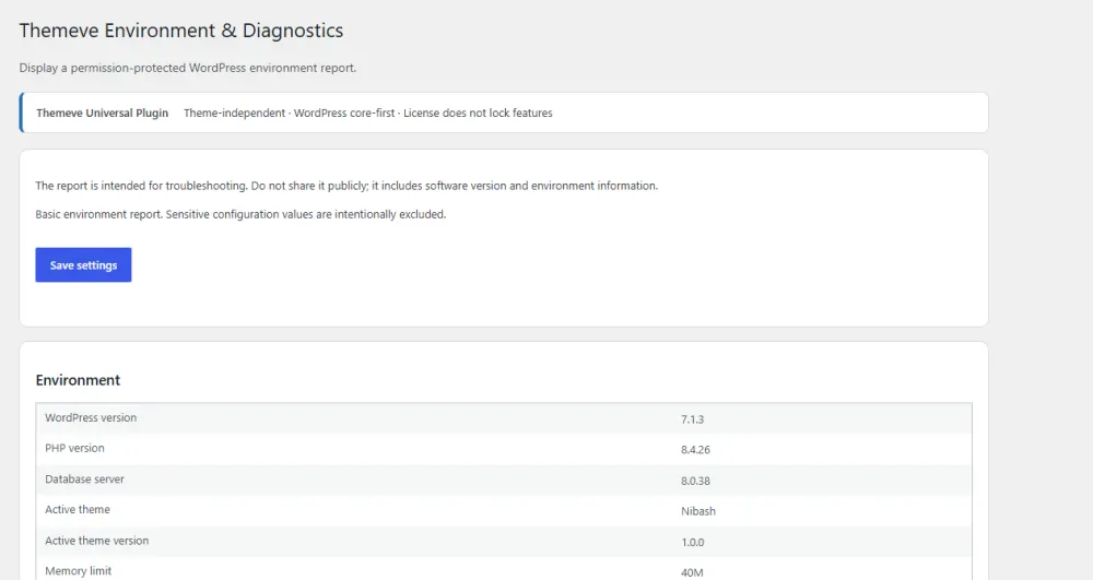 What is system information – Environment Diagnostics settings screen