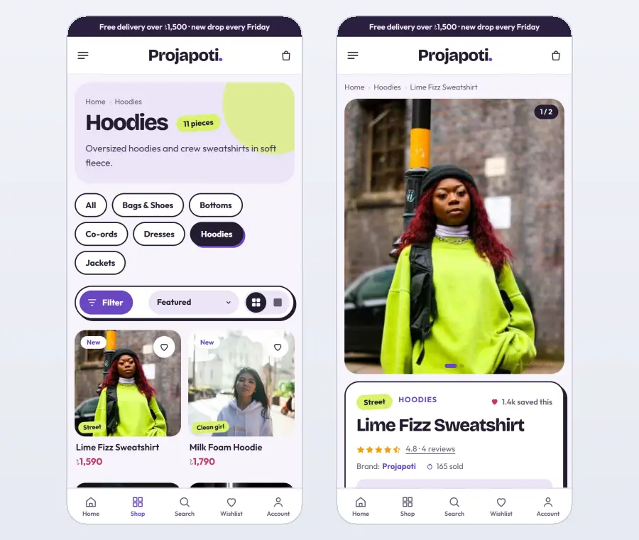 Women clothing website design on mobile – Projapoti category and product pages