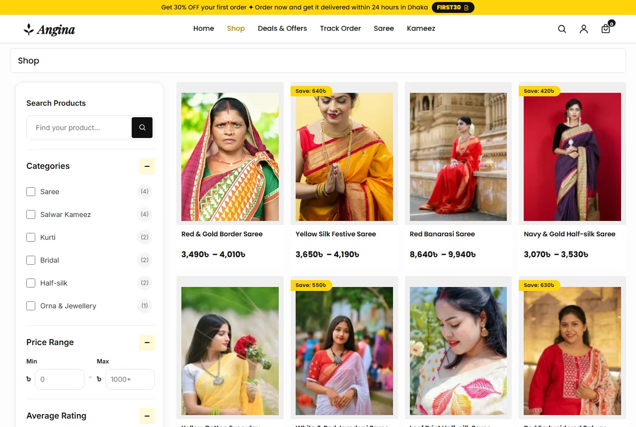 Women ethnic wear website design template example: Angina demo shop