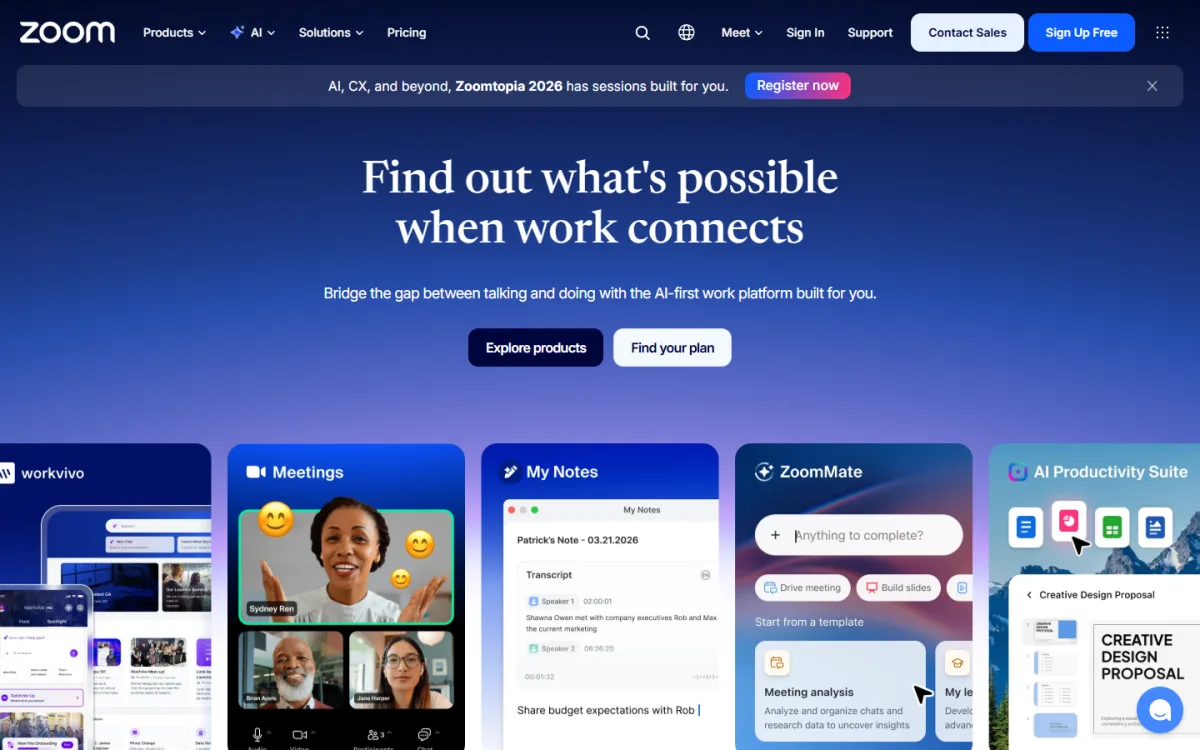 Zoom website homepage on a desktop where you compare plans before a zoom meeting premium upgrade