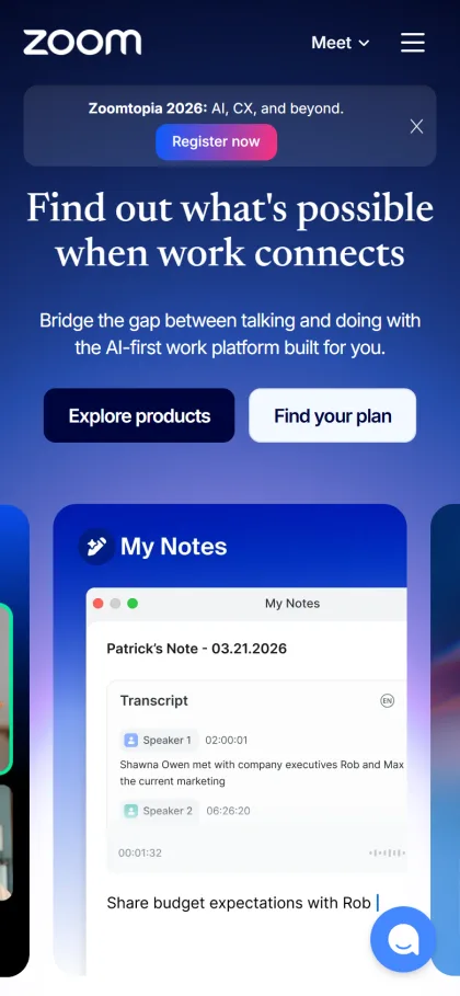 Zoom homepage on a mobile phone with Explore products and Find your plan buttons