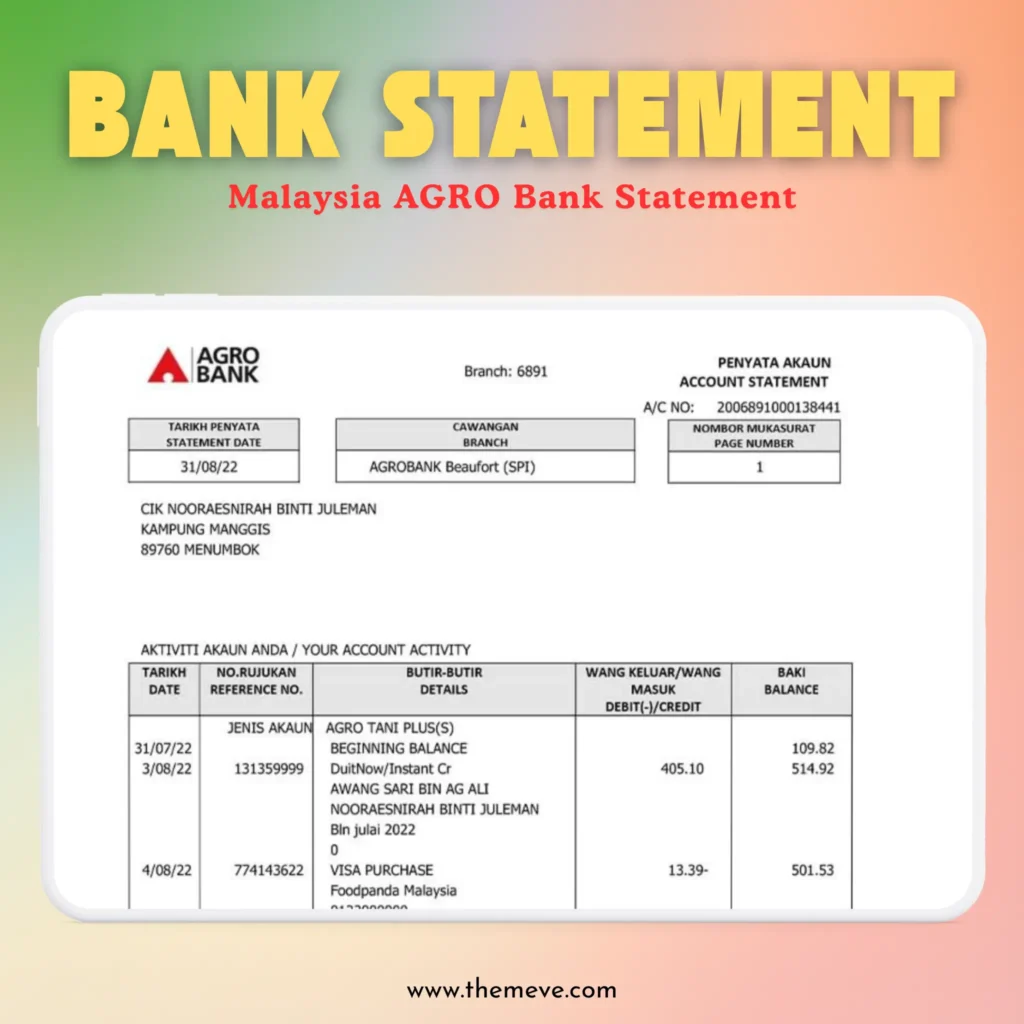 Malaysia AGRO Bank Statement PDF