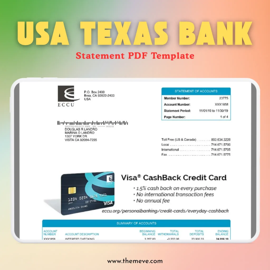 USA Texas Bank Statement PDF for Account Verification
